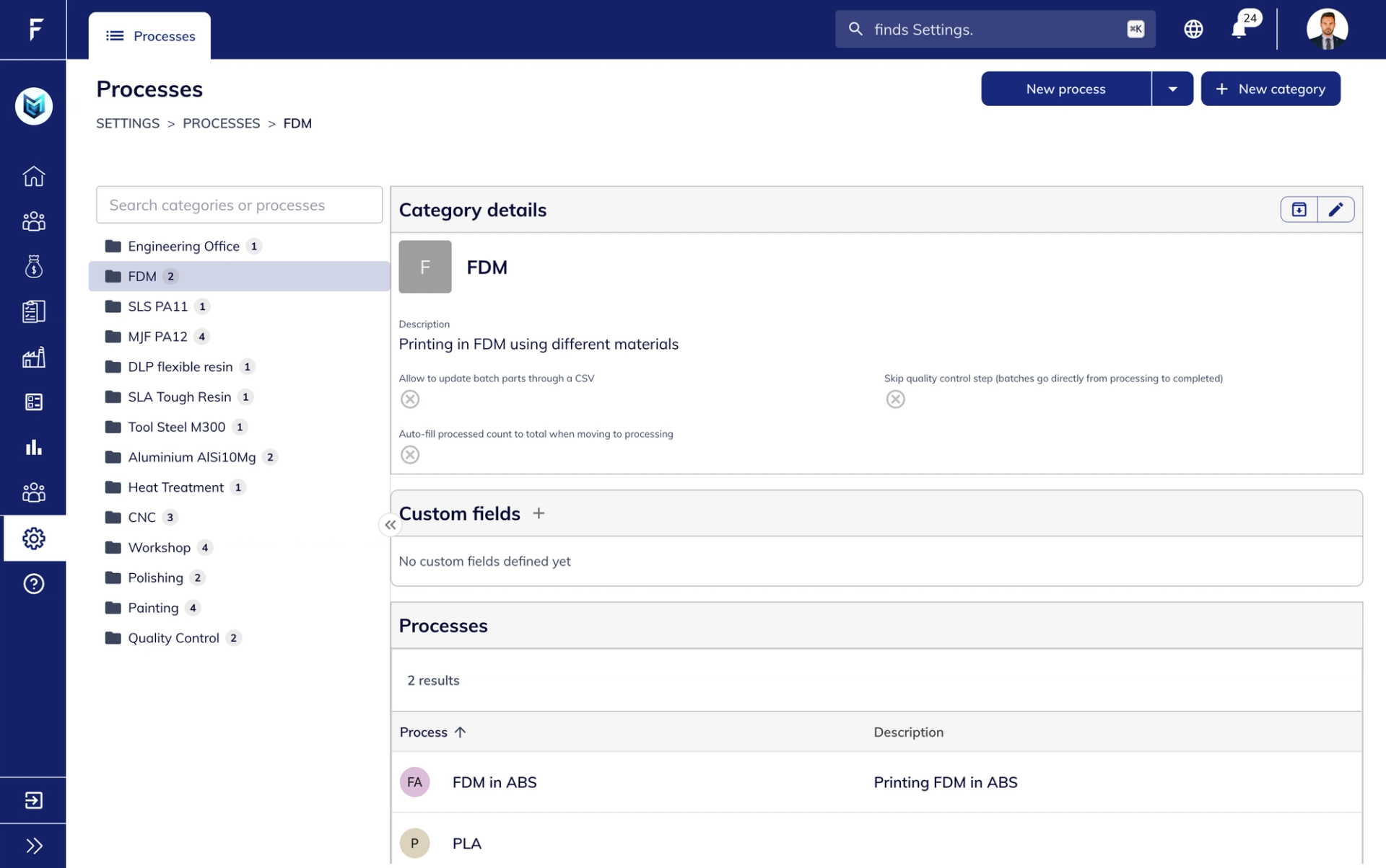 Configuration page showing process category details and associated manufacturing processes.