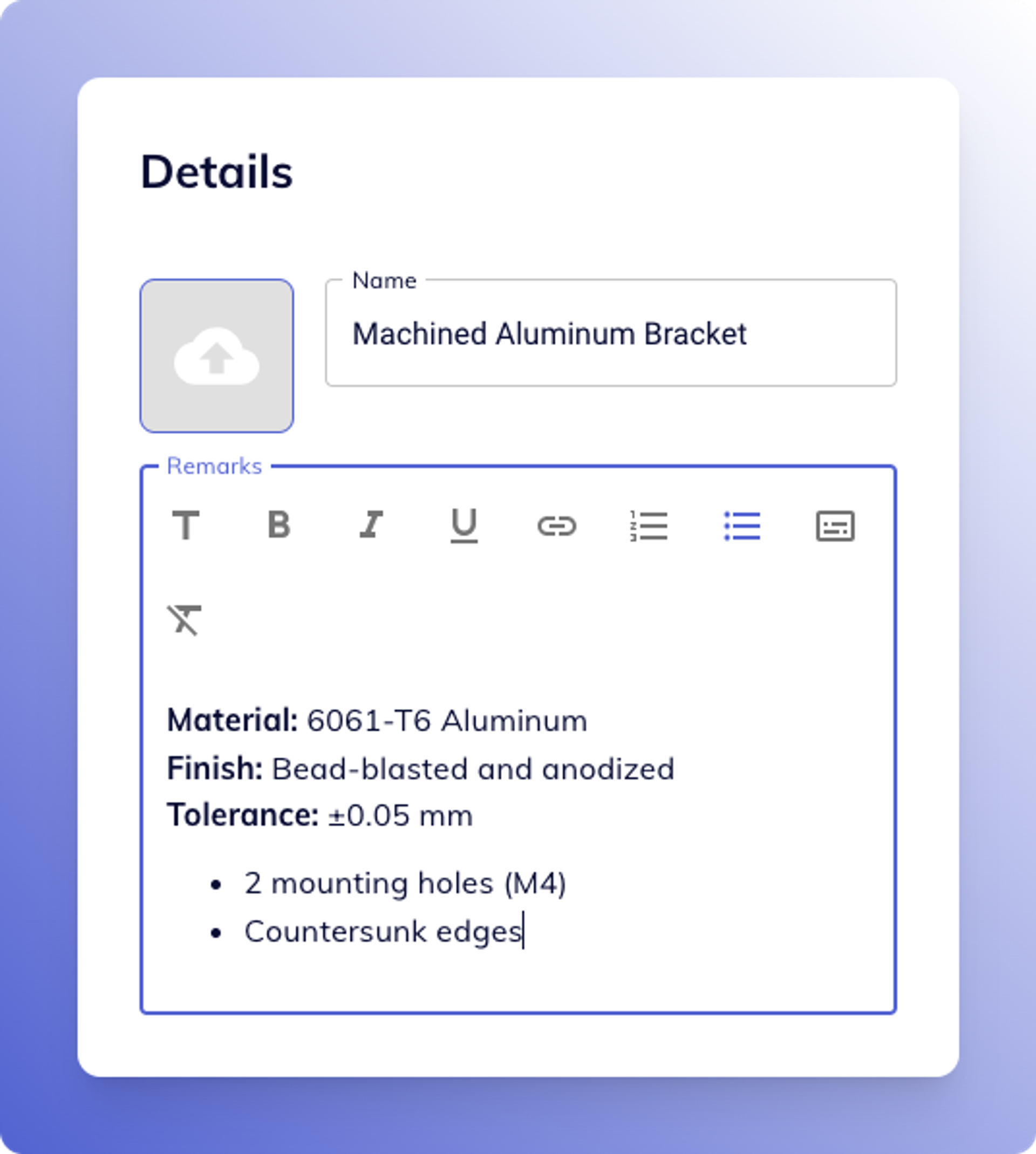 Quote item editor with rich-text toolbar and formatted remarks preview