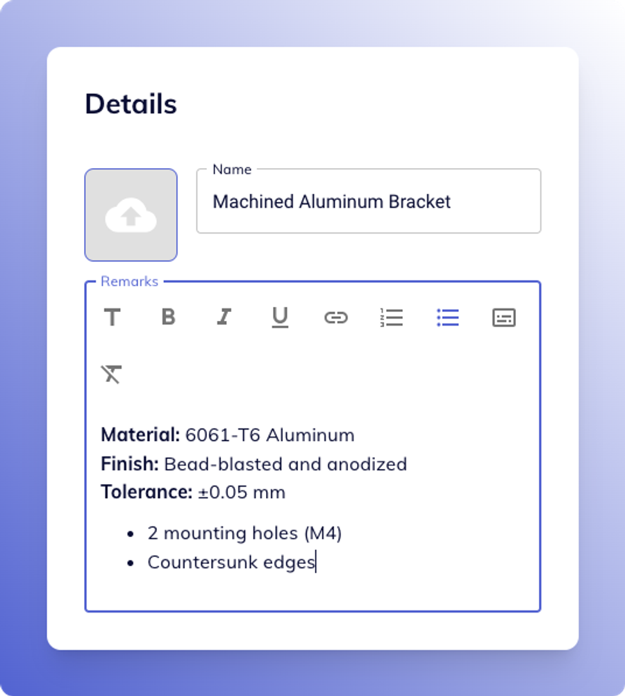 Quote item editor with rich-text toolbar and formatted remarks preview
