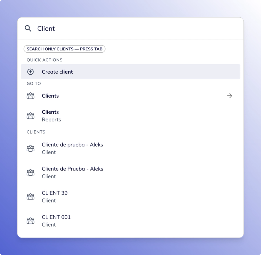 Search interface showing navigation shortcuts and quick actions.