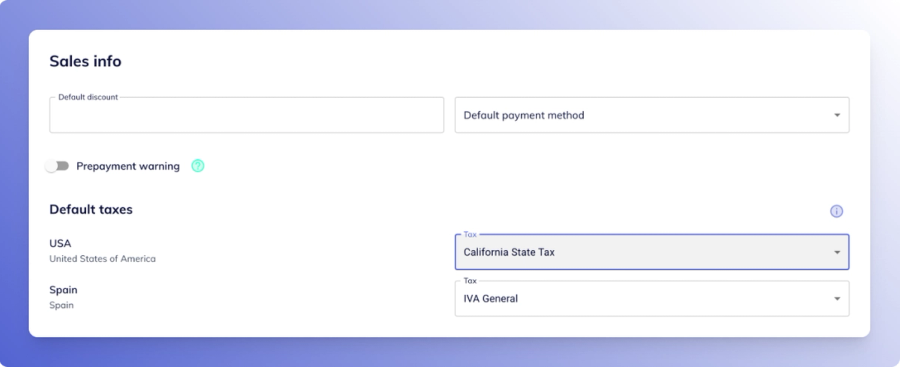 Tax override UI showing default taxes set for both the USA and Spain, with dropdowns assigning “California State Tax” and “IVA General” respectively.