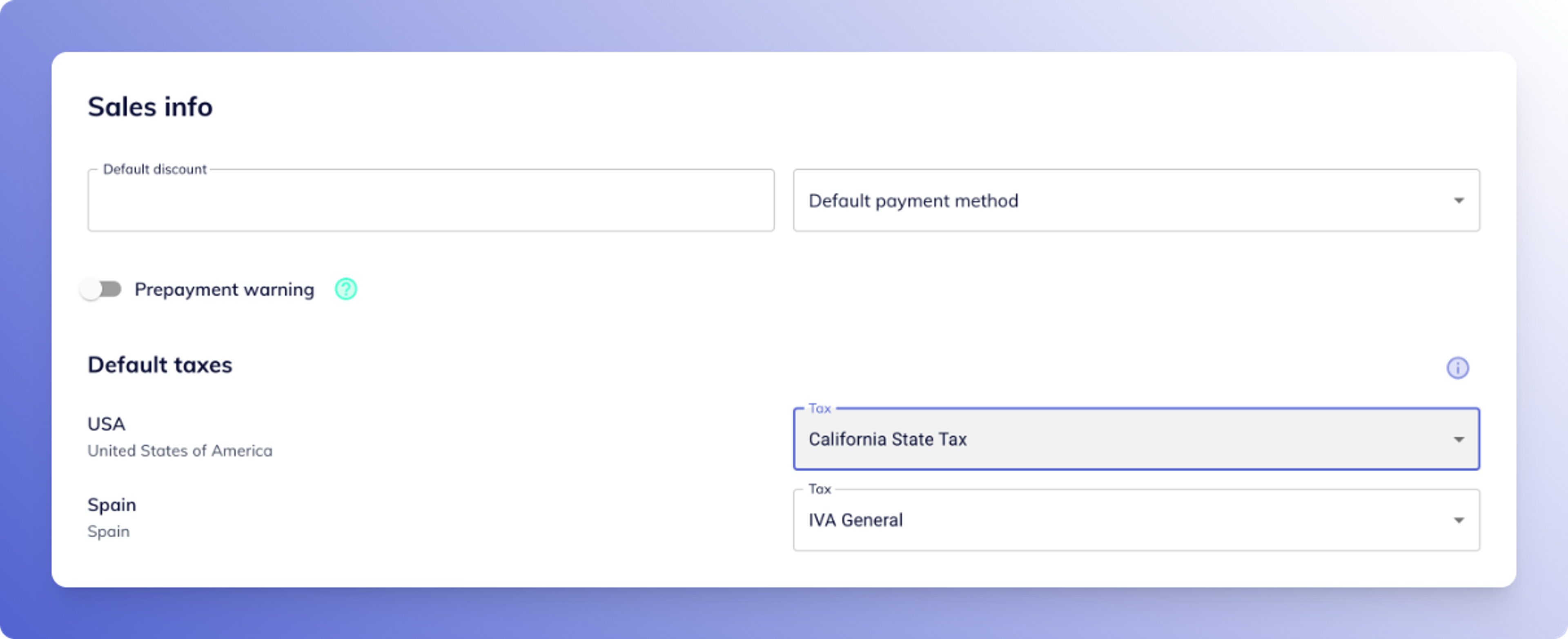 Tax override UI showing default taxes set for both the USA and Spain, with dropdowns assigning “California State Tax” and “IVA General” respectively.
