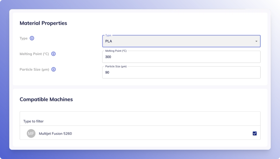 Settings showing material properties for a powder material.