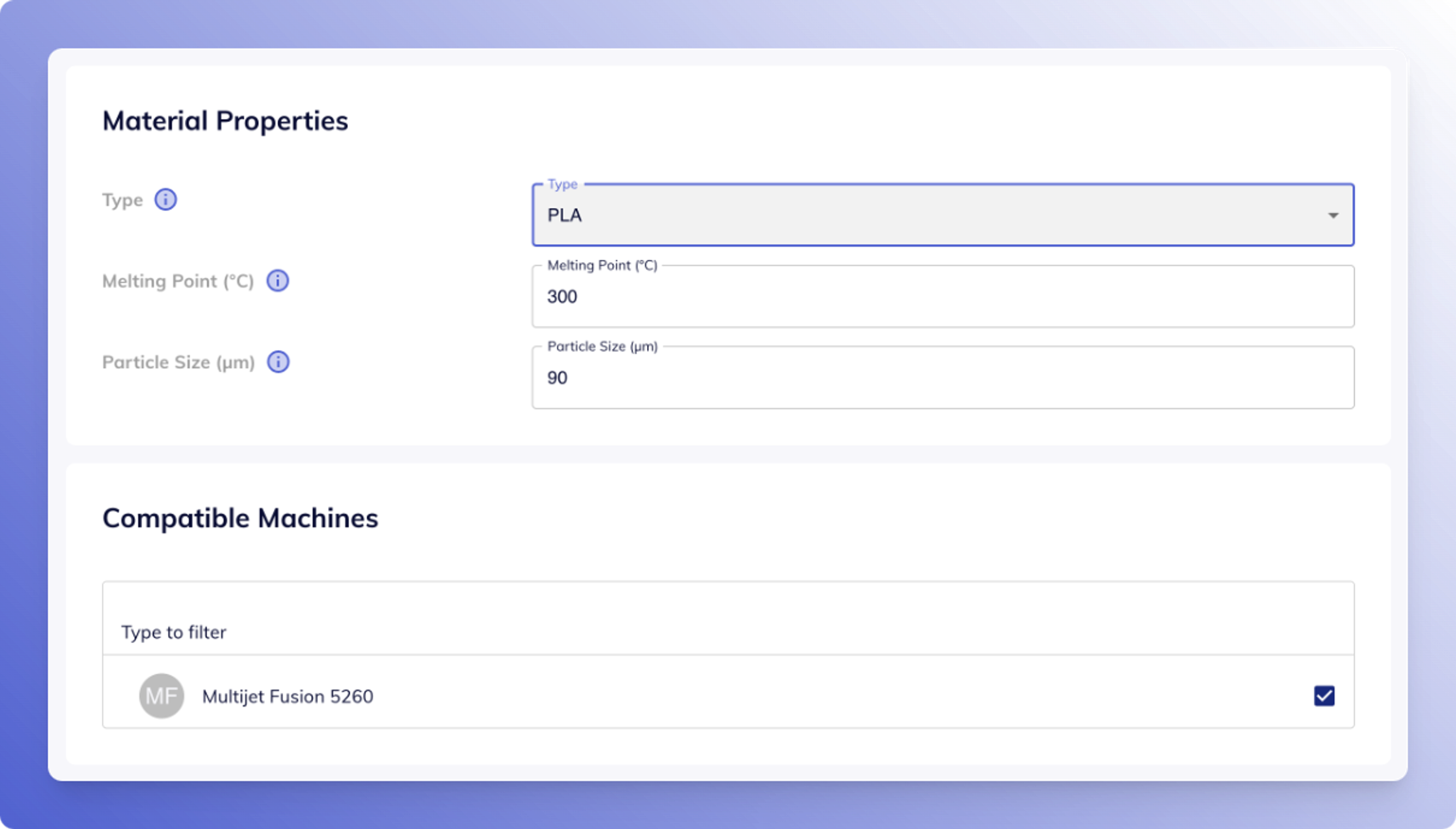 Settings showing material properties for a powder material.