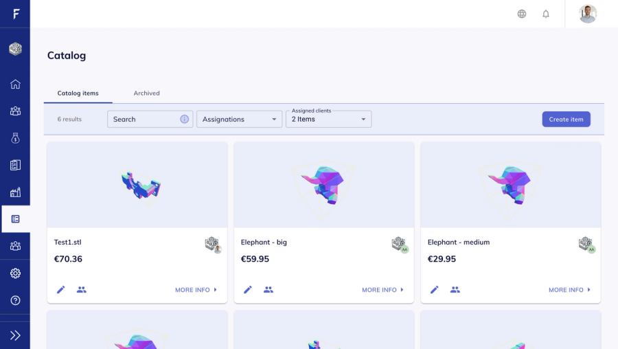 UI screen showing catalog item management with “Assigned Clients” selector and visibility toggles