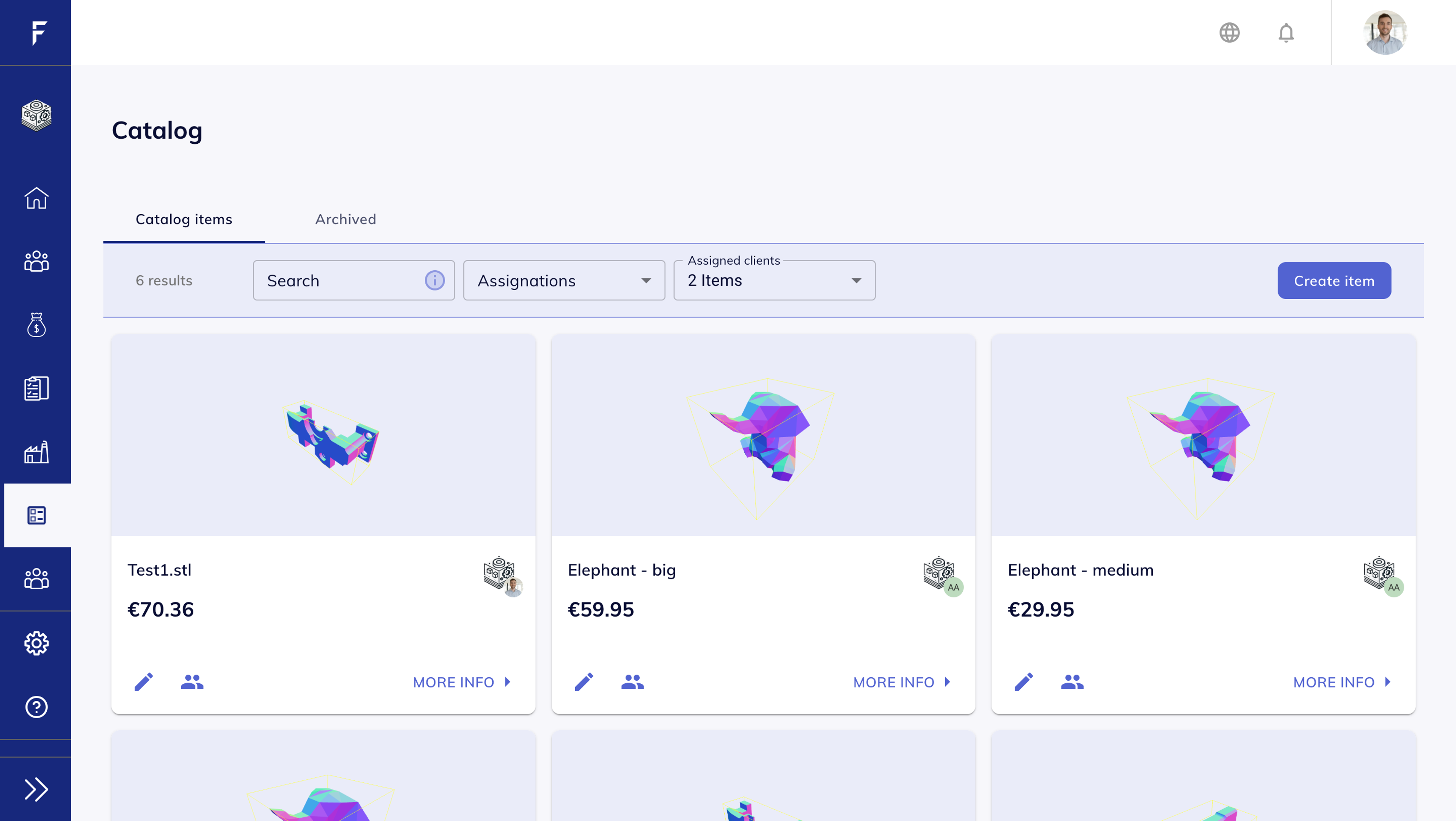 UI screen showing catalog item management with “Assigned Clients” selector and visibility toggles