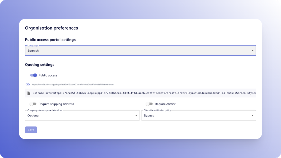 Organisation preferences card showing the language selected for the public access portal settings