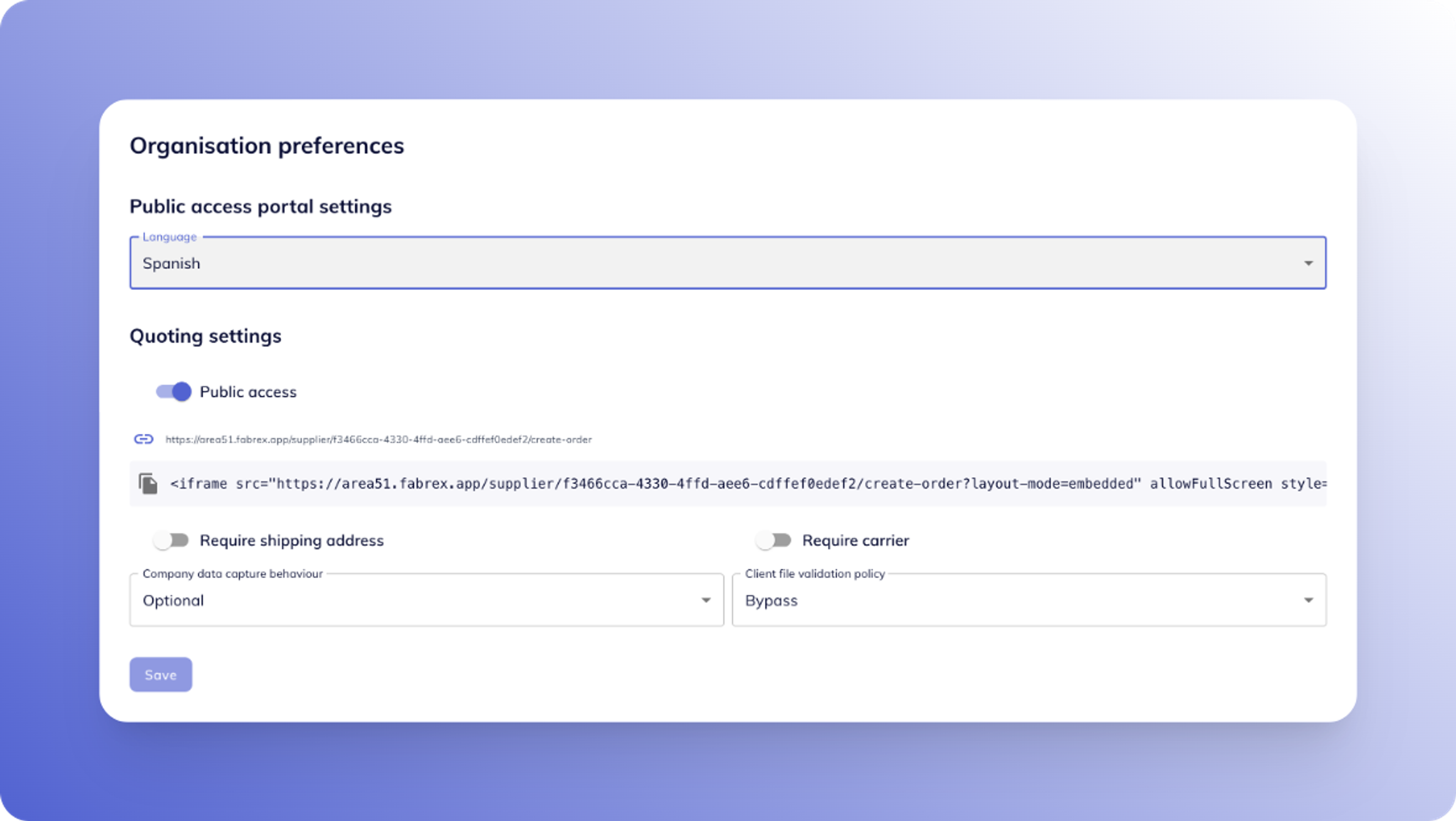 Organisation preferences card showing the language selected for the public access portal settings
