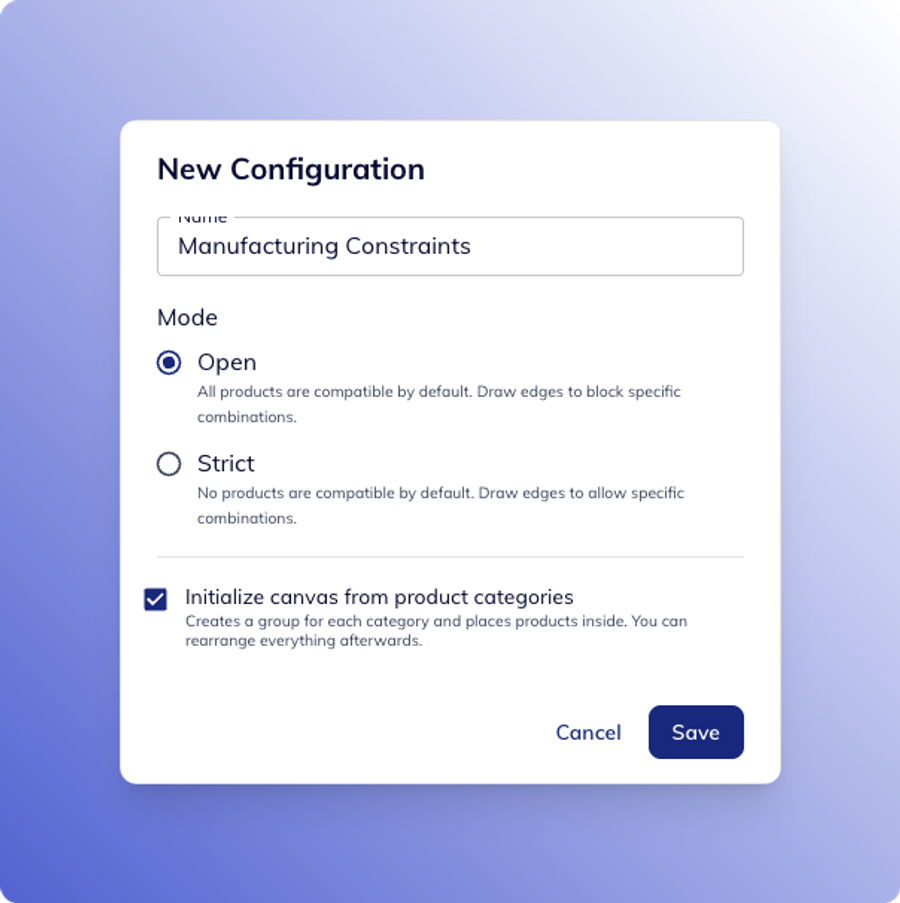 Dialog for creating a new dependency configuration with Open and Strict compatibility modes.