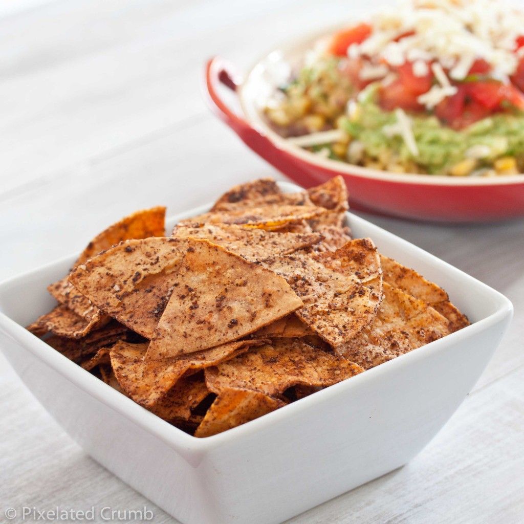 Baked Chili Tortilla Chips and Healthy Five Layer Dip