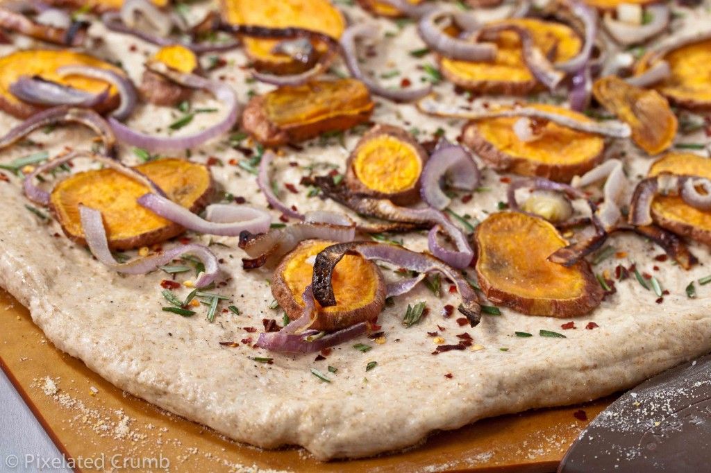 Sweet Potatoes, Red Onion, and Rosemary on Pizza Dough