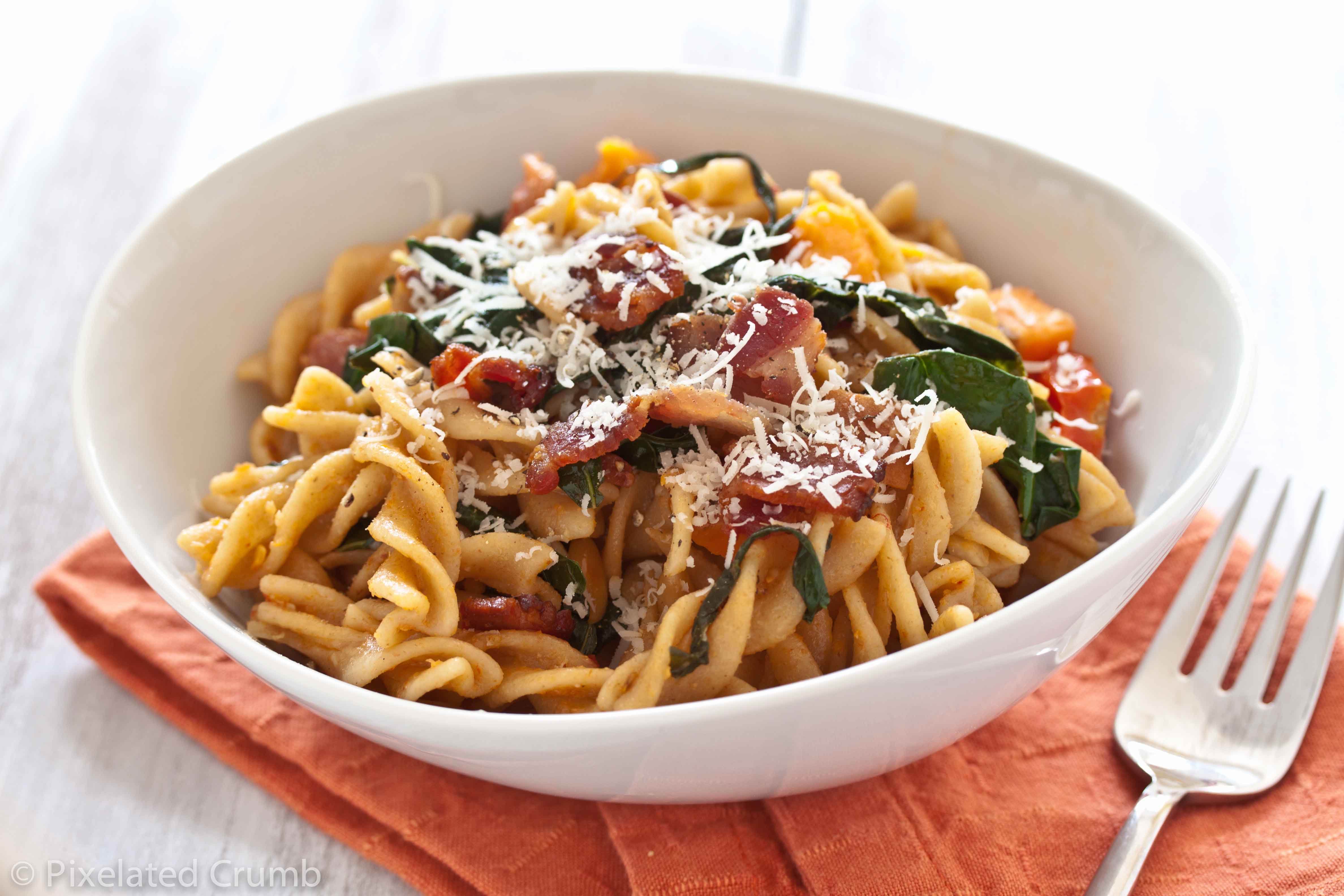 Pasta with Sweet Potatoes, Tomatoes, Garlicky Kale, and Bacon