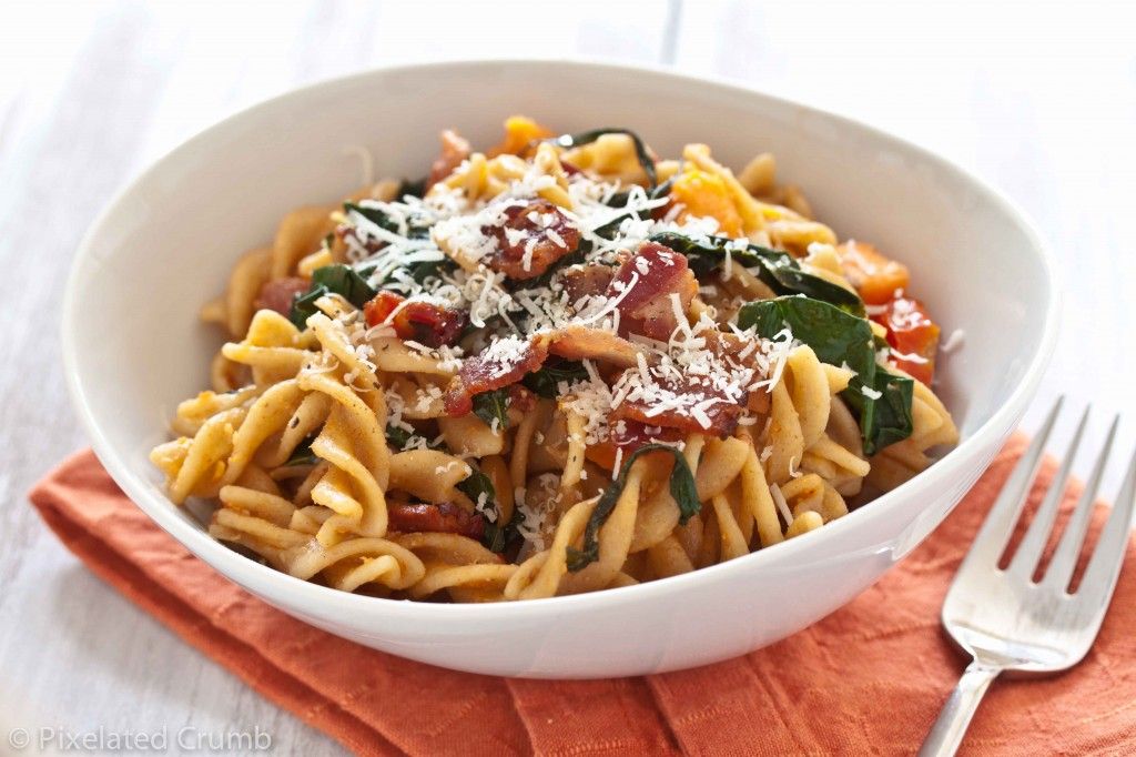 Pasta with Sweet Potatoes, Tomatoes, Garlicky Kale, and Bacon