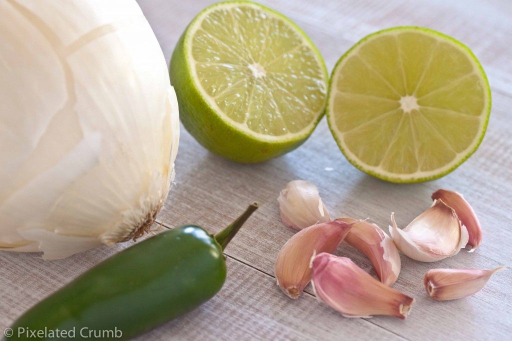 onion, limes, garlic, jalapeno