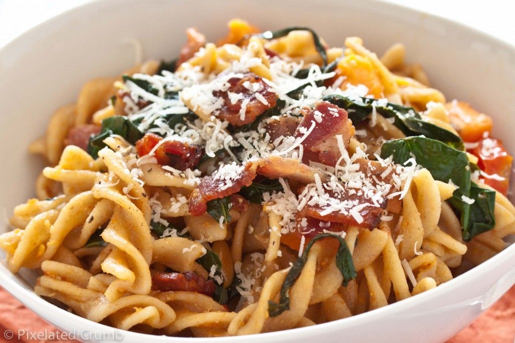 Pasta with Sweet Potatoes, Tomatoes, Garlicky Kale, and Bacon