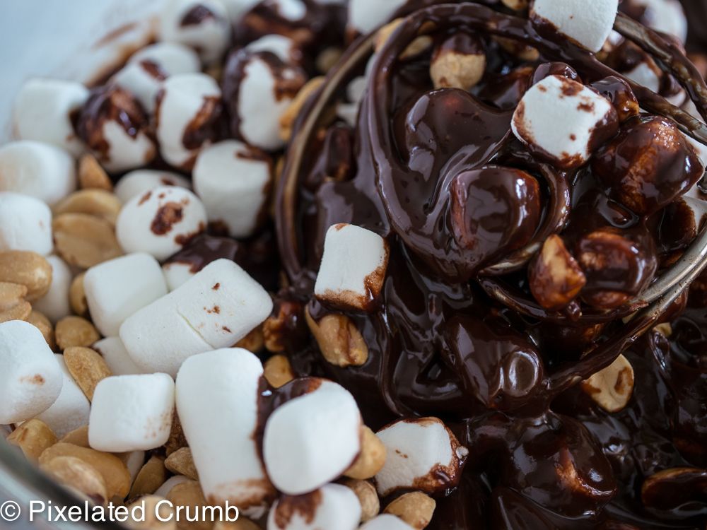 Marshmallows, nuts, chocolate ganache
