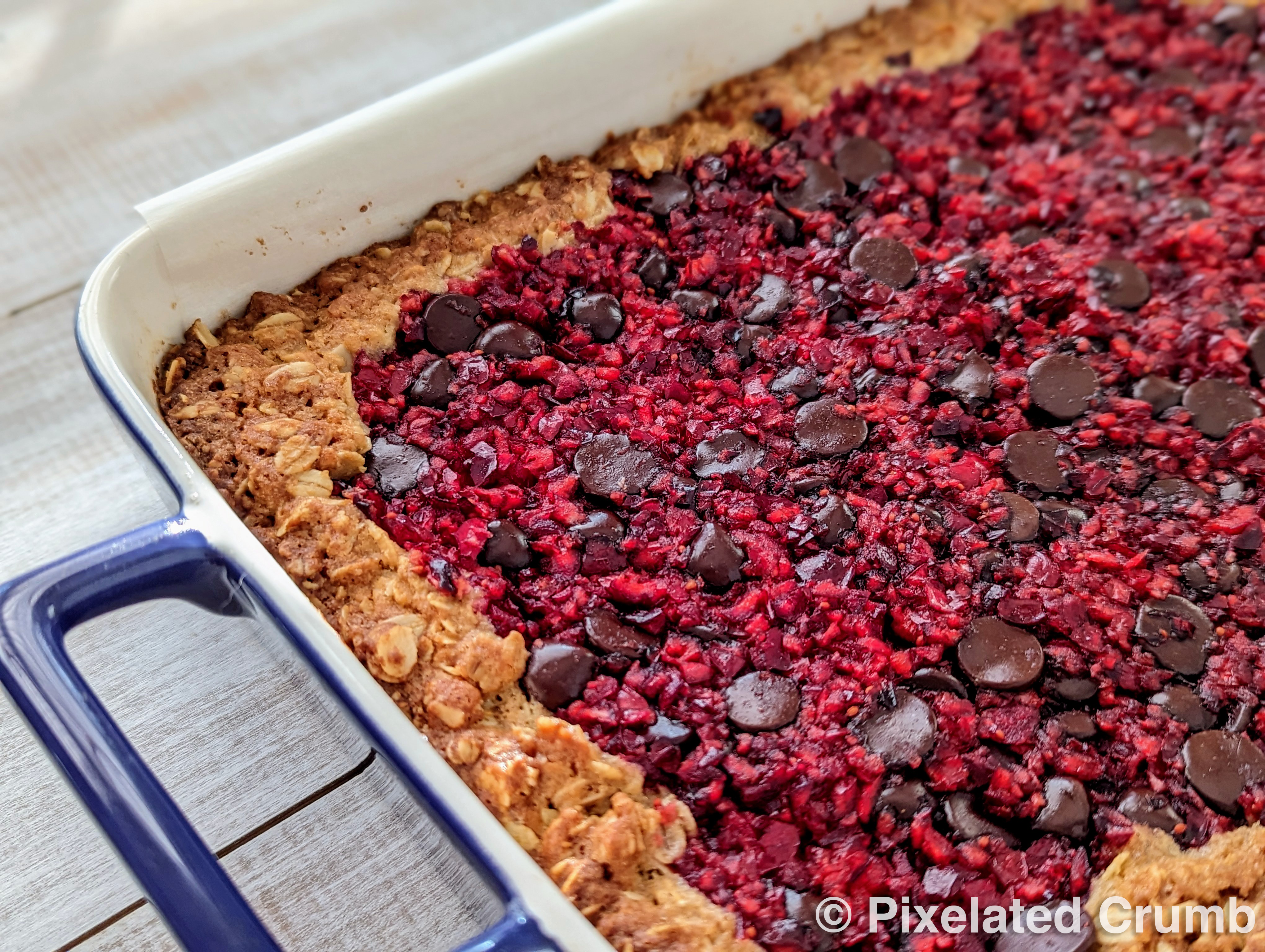 Baked Chocolate Cranberry Bars in the pan fresh out of the oven