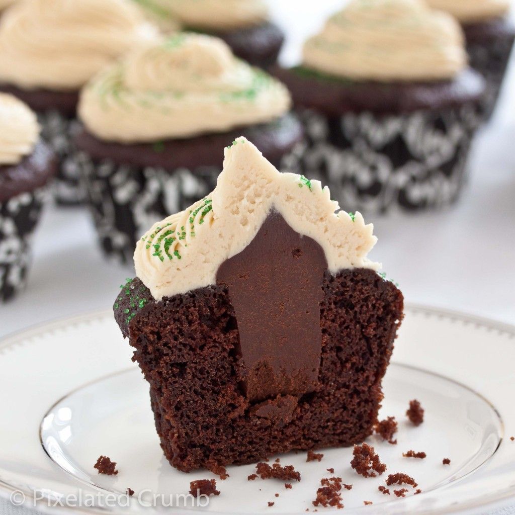 Cross-section of Chocolate Stout Cupcakes with Whiskey Ganache Filling and Irish Cream Frosting