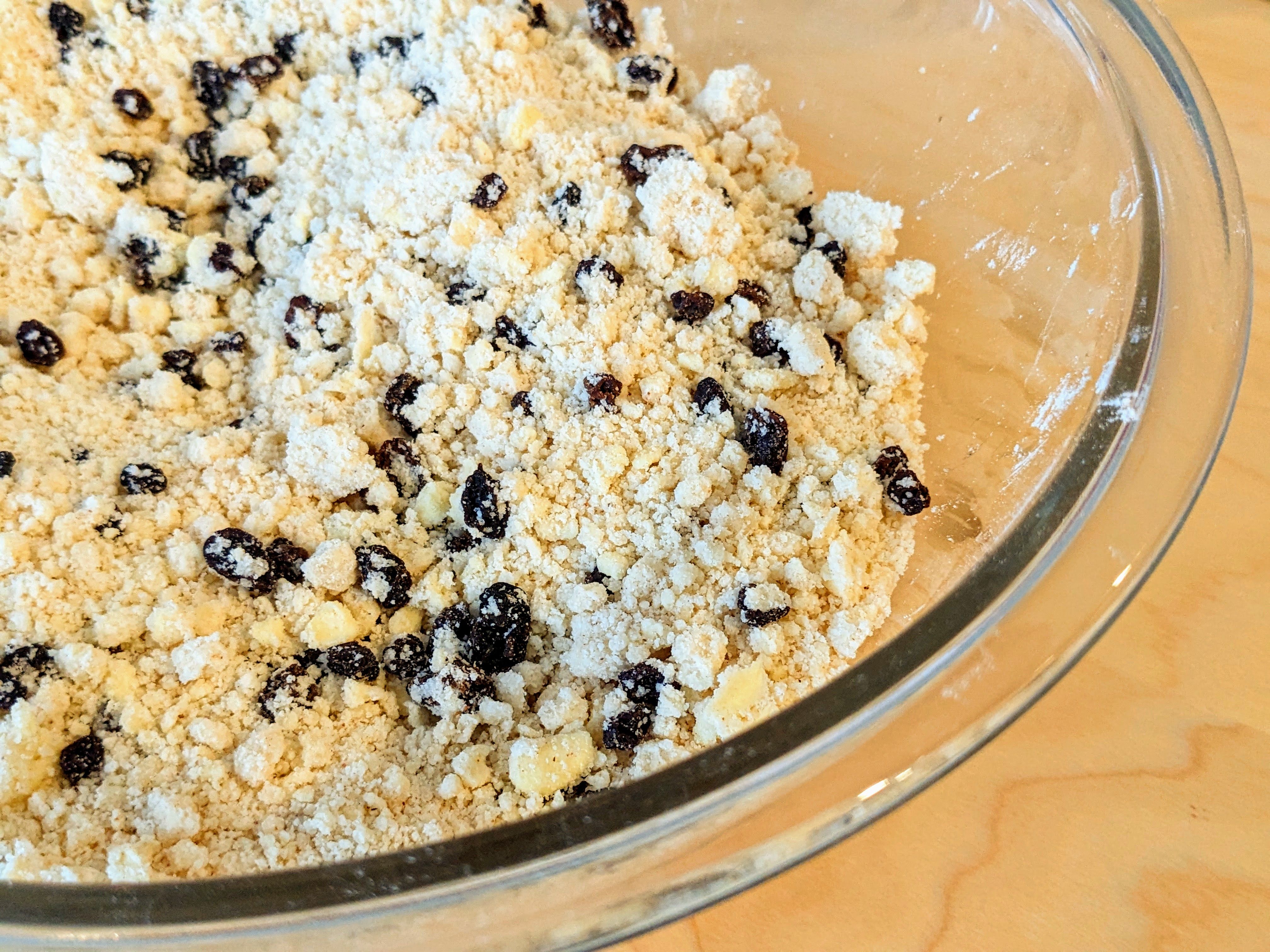 Currant scone mixture before mixing in the butter and shortening