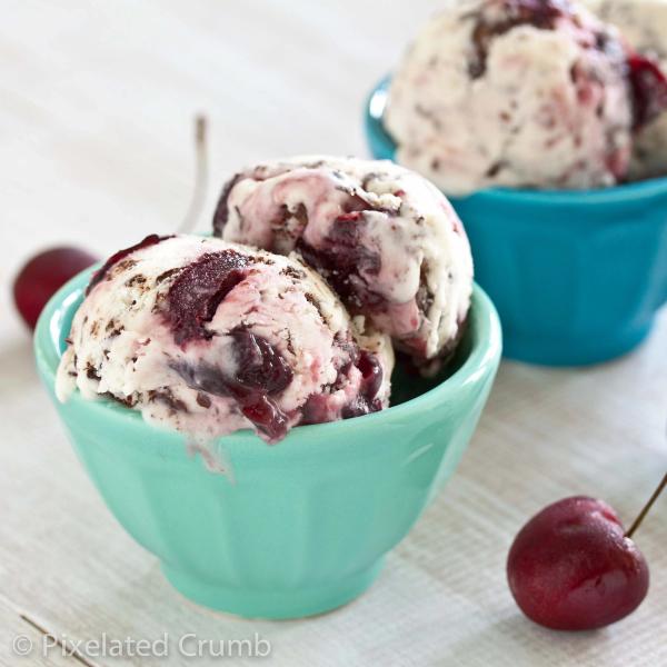 Goat Cheese Ice Cream with Roasted Cherries and Dark Chocolate Freckles