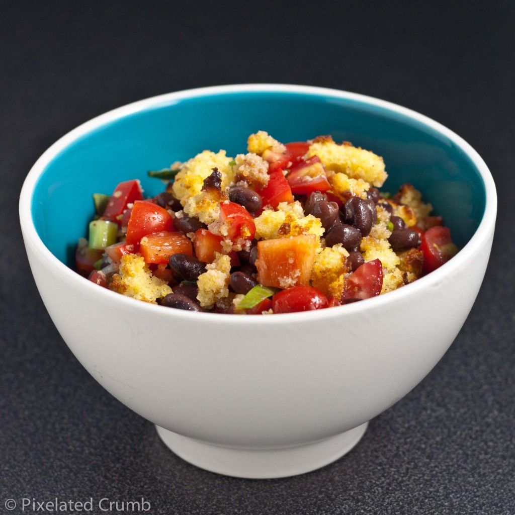 Cornbread Salad with Black Beans, Red Bell Peppers and Cherry Tomatoes
