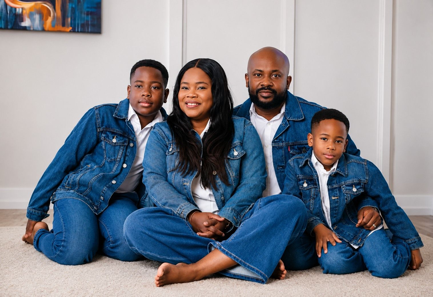 Family of four in matching denim, seated close together