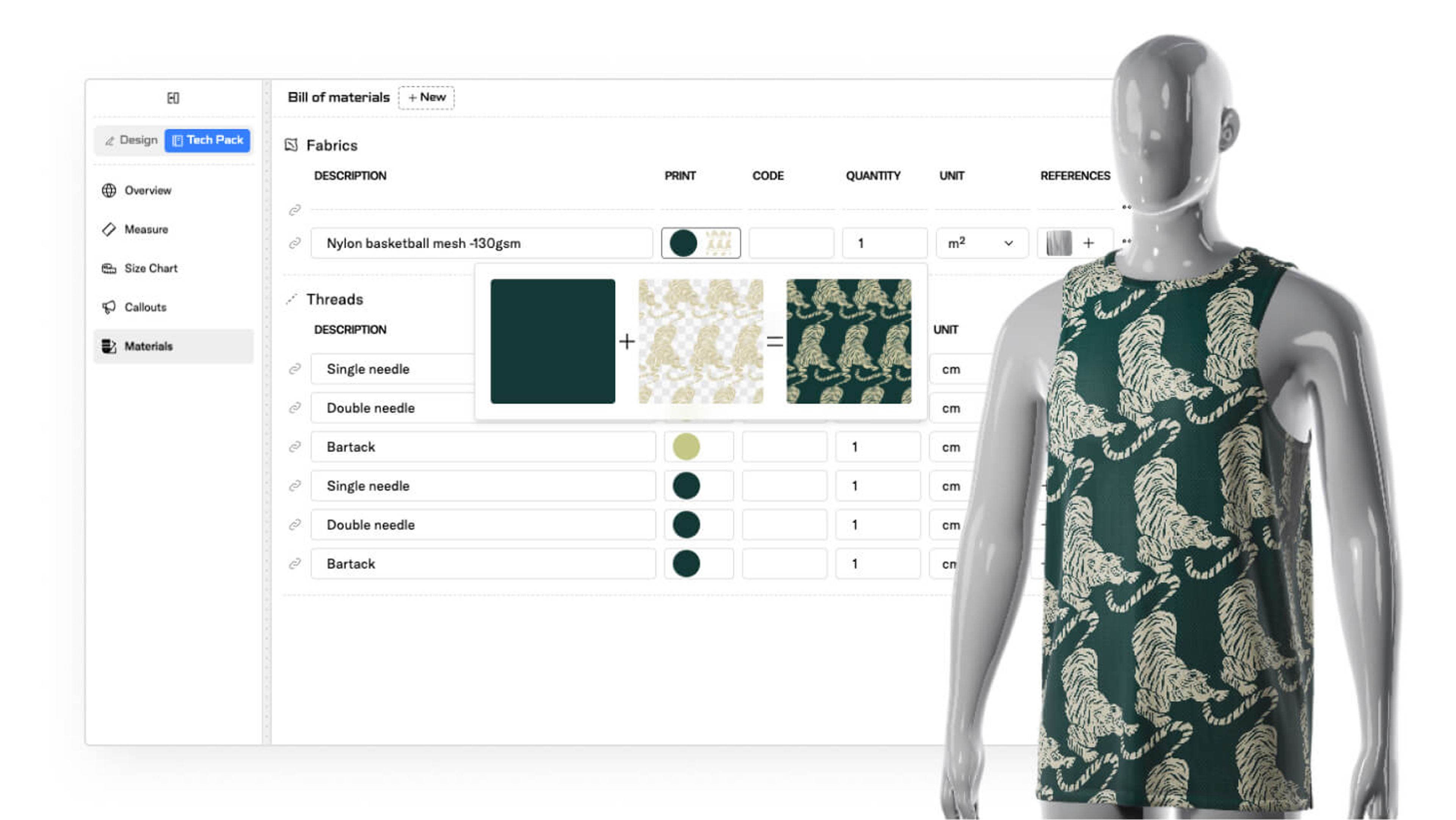 Dimension & placement specs in tech pack