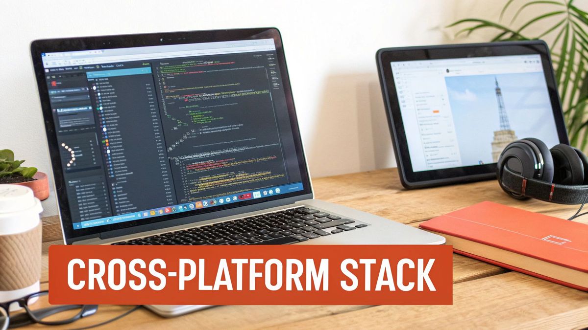 A developer's desk features a laptop displaying code, a tablet, headphones, and coffee.
