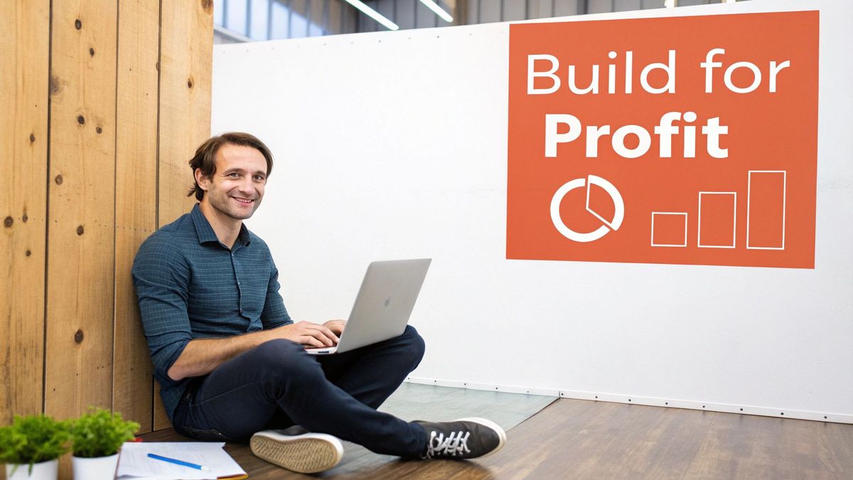 A smiling man sits on the floor with a laptop next to a 'Build for Profit' sign.