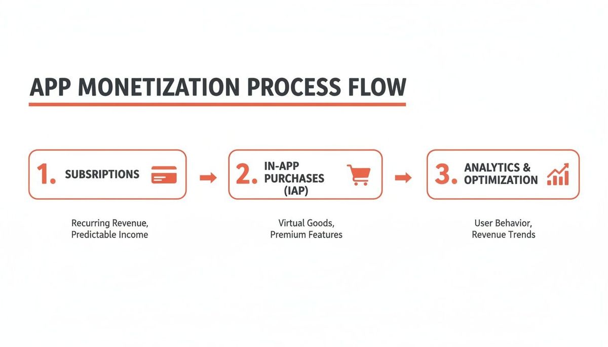 A diagram illustrating the app monetization process flow with subscriptions, in-app purchases, and analytics.