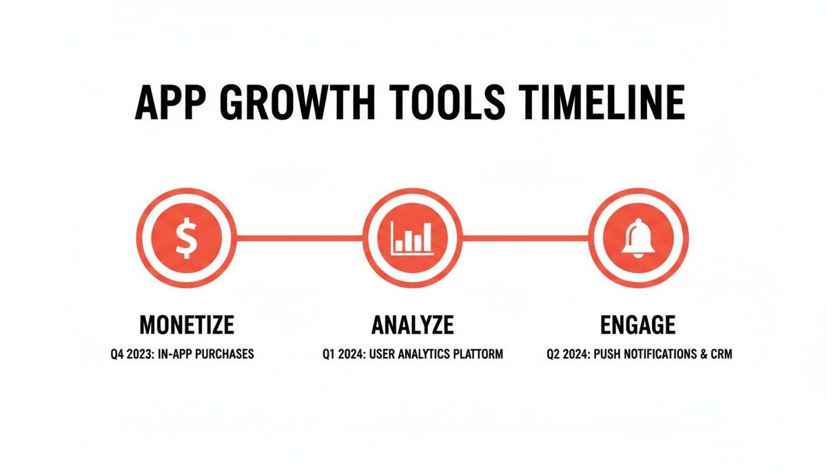 App growth tools timeline illustrating monetization, analysis, and engagement phases with features and quarters.