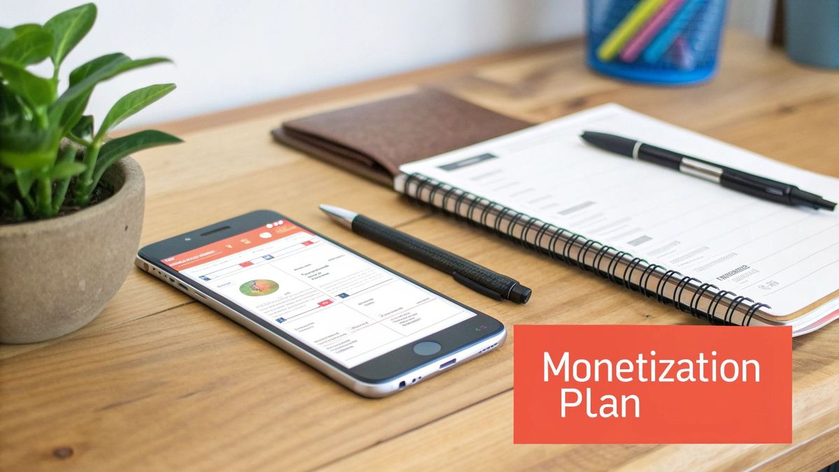 A modern workspace features a smartphone displaying an app, a notebook, pens, and a plant, with 'Monetization Plan' text overlay.