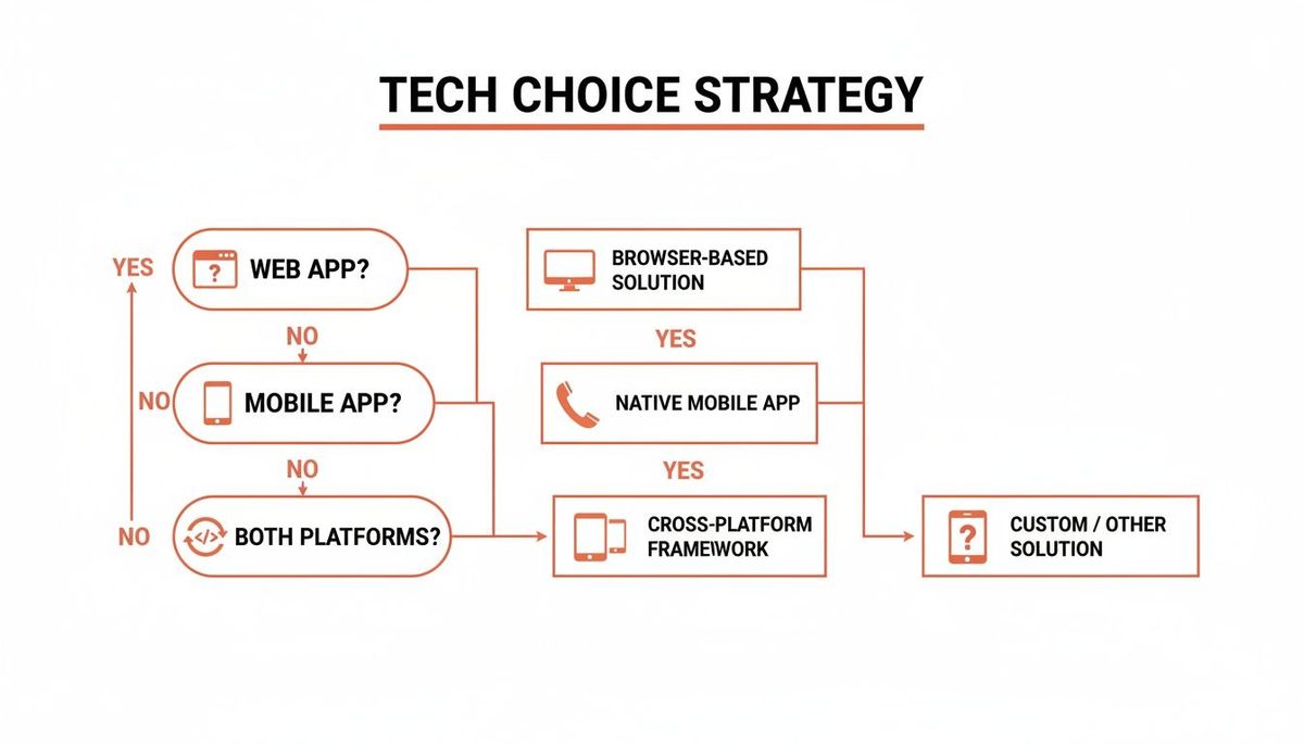 Flowchart outlining a technology choice strategy, guiding decisions for web, mobile, and cross-platform applications.