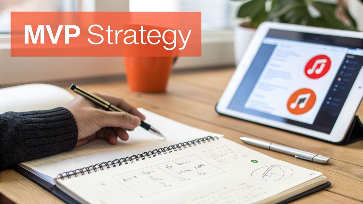A person writes notes in a spiral notebook, with a tablet displaying music app designs and an 'MVP Strategy' overlay.