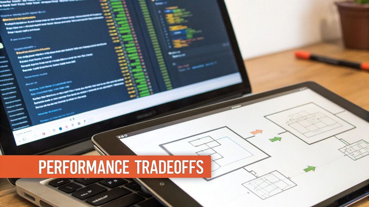 A laptop displaying code and a tablet showing a system diagram, with a banner reading 'PERFORMANCE TRADEOFFS'.