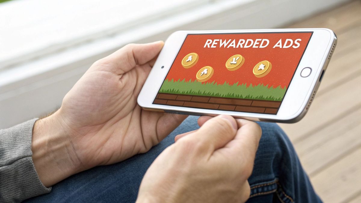 A person holds a white smartphone showing 'Rewarded Ads' and golden coins on a game screen.