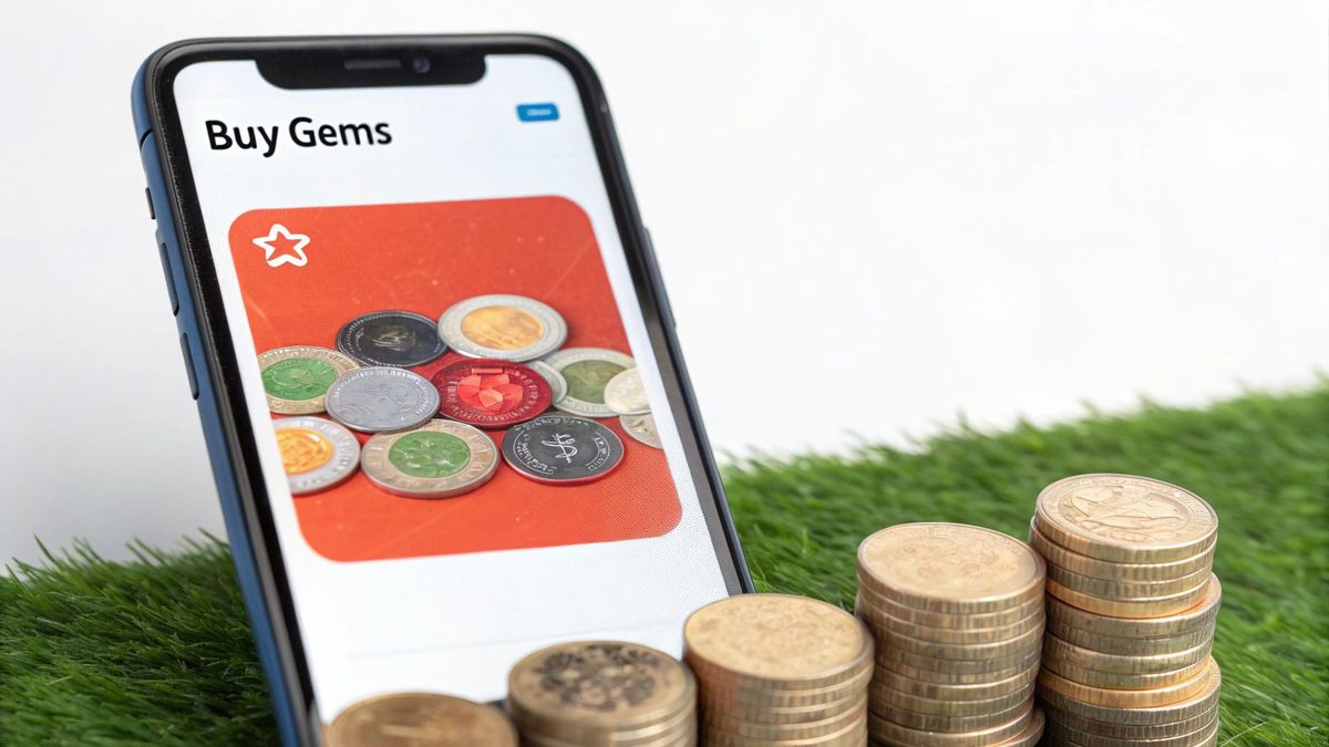 A smartphone displays an app to 'Buy Gems' with colorful tokens, beside stacks of gold coins on grass.