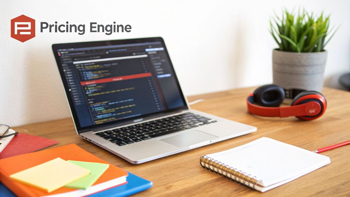 A modern workspace featuring a laptop displaying code, red headphones, a plant, and notebooks on a wooden desk.