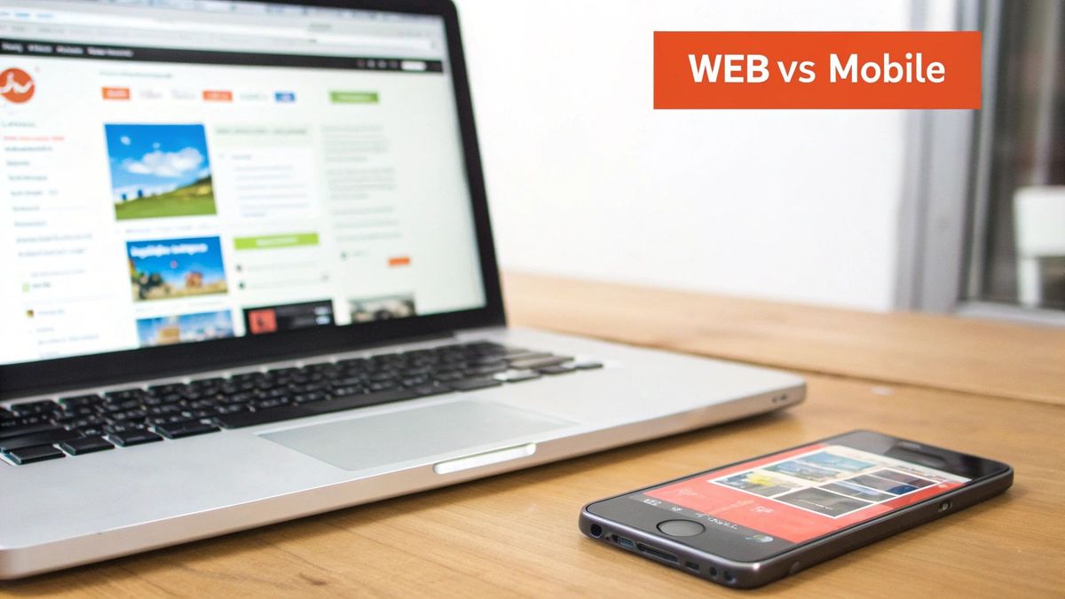 A laptop showing a website and a smartphone displaying an app, contrasting web vs mobile.