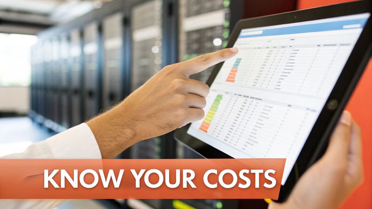 A hand points at a tablet displaying financial data and charts in a server room, emphasizing cost analysis.