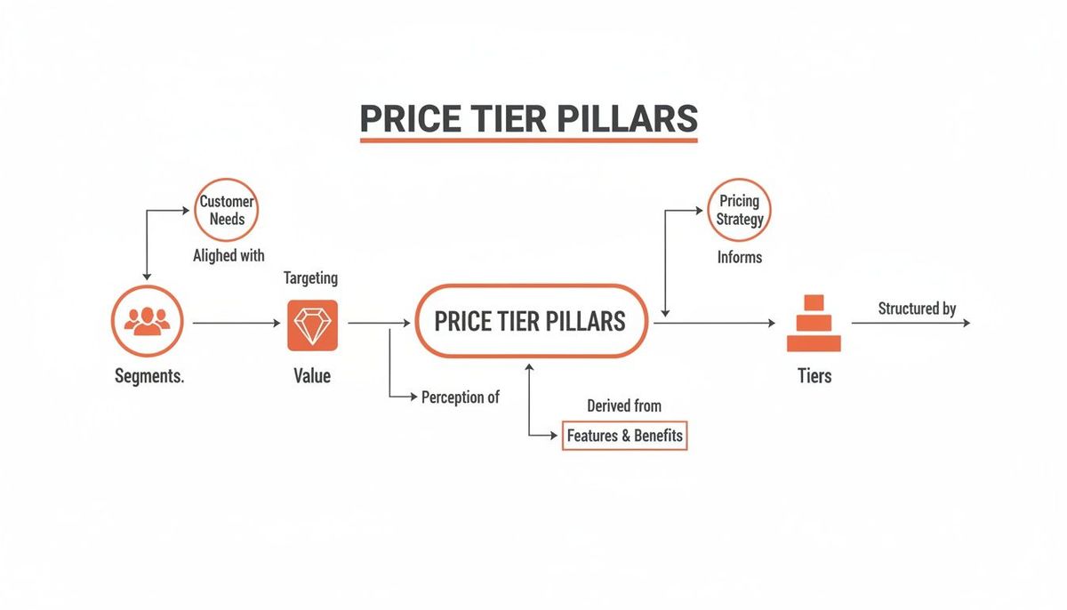 Flowchart illustrating price tier pillars, showing segments, customer needs, value, features, pricing strategy, and tiers.
