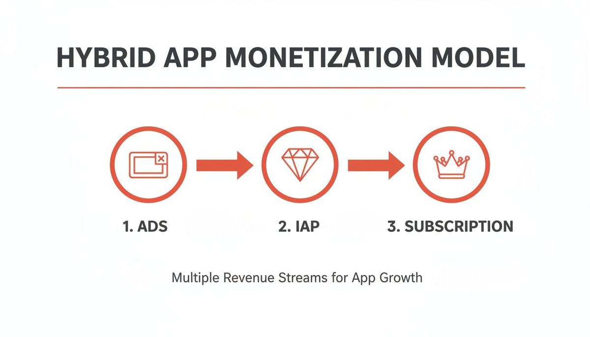 Flowchart depicting a hybrid app monetization model with ads, in-app purchases (IAP), and subscription options.