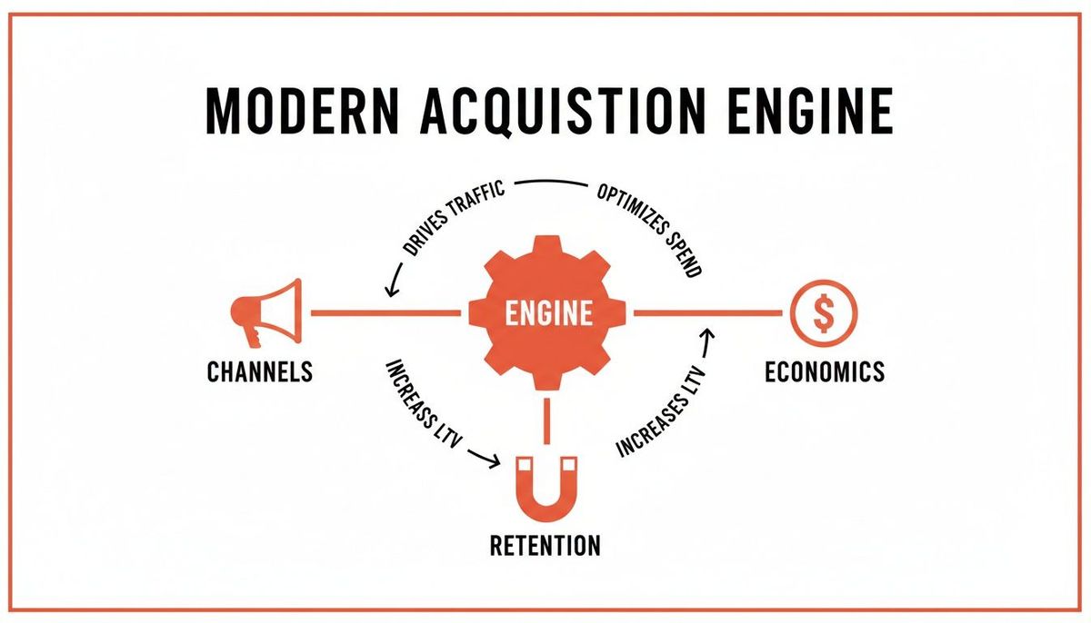 Diagram showing a modern acquisition engine with channels, economics, and retention cycling around a central gear.