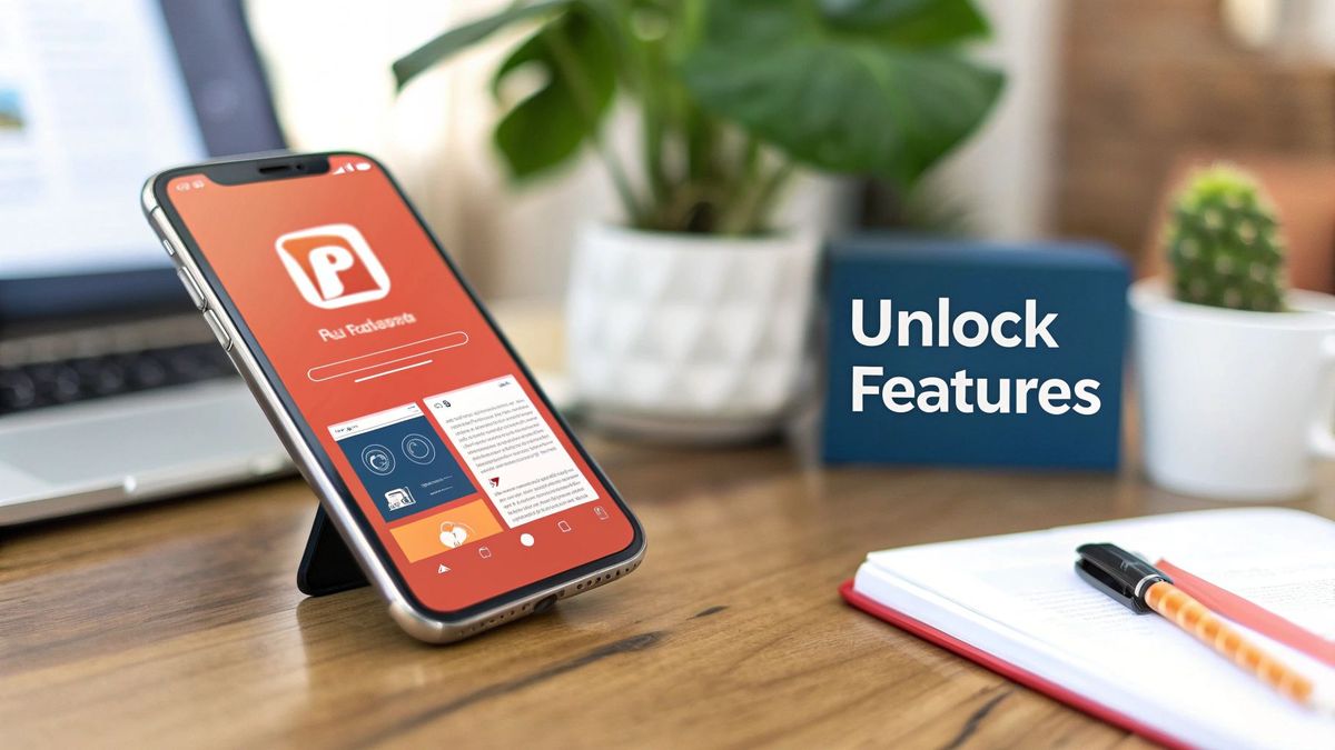 A smartphone displaying an app with 'Pii Features' and various modules, on a desk with a laptop, plants, and 'Unlock Features' text.