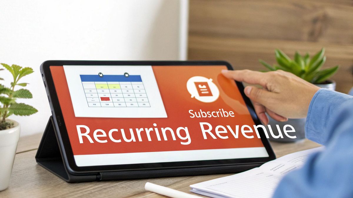 A hand taps a tablet displaying 'Recurring Revenue' and 'Subscribe' concepts, symbolizing subscription growth.