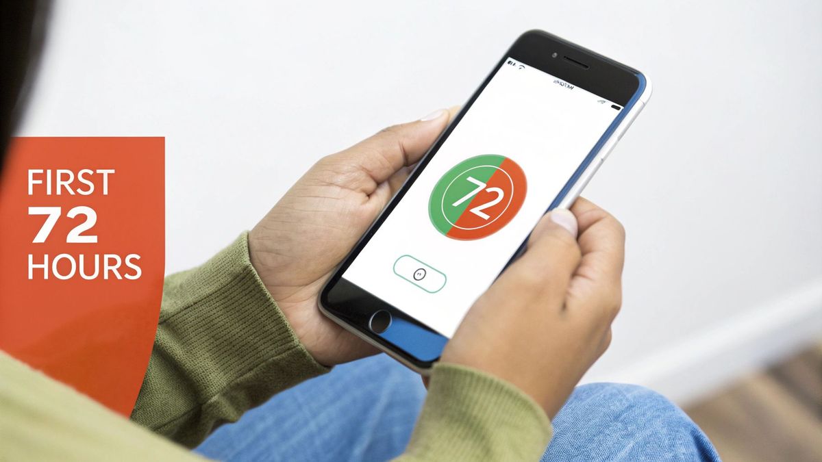 Person holds smartphone displaying an app with a '72' gauge, next to a 'FIRST 72 HOURS' banner.