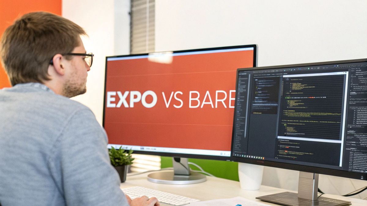 A developer works at a desk with two monitors, one showing "EXPO VS BARE" and the other displaying code.