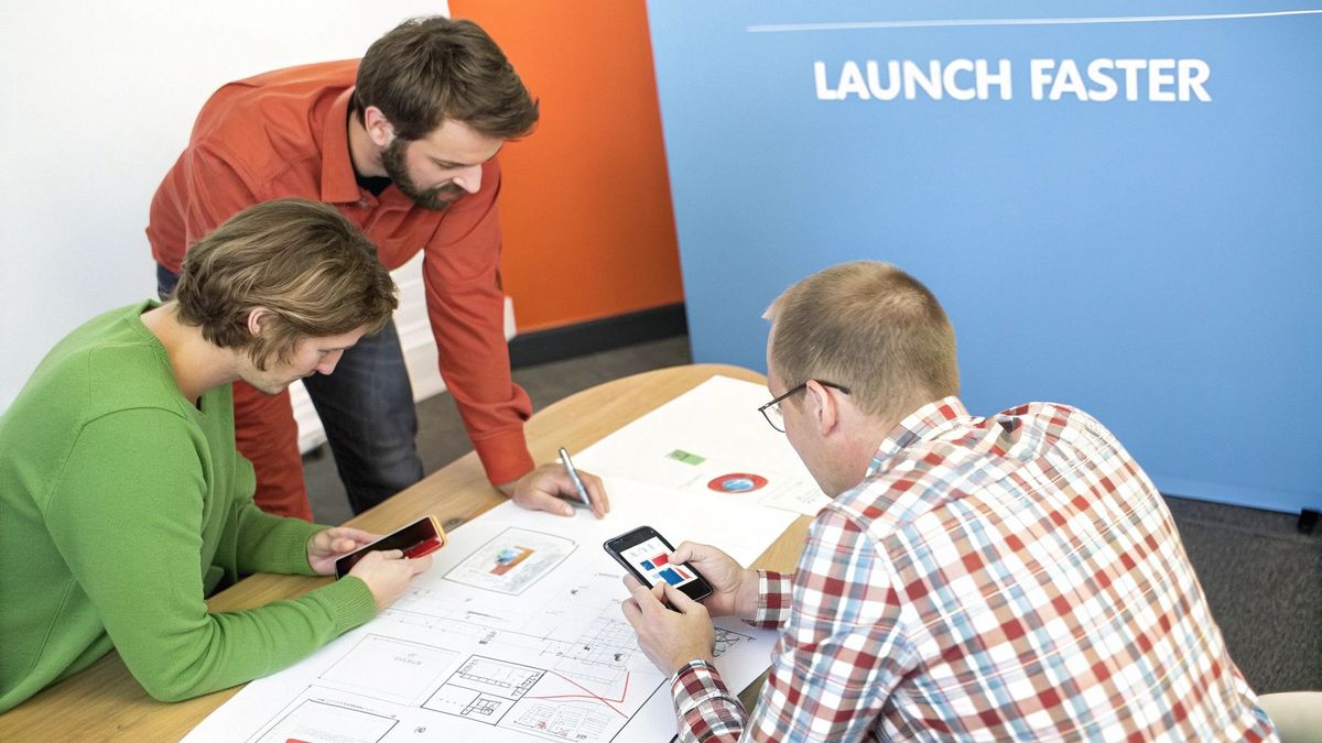 Three men collaborate on design plans with smartphones and blueprints at a table.
