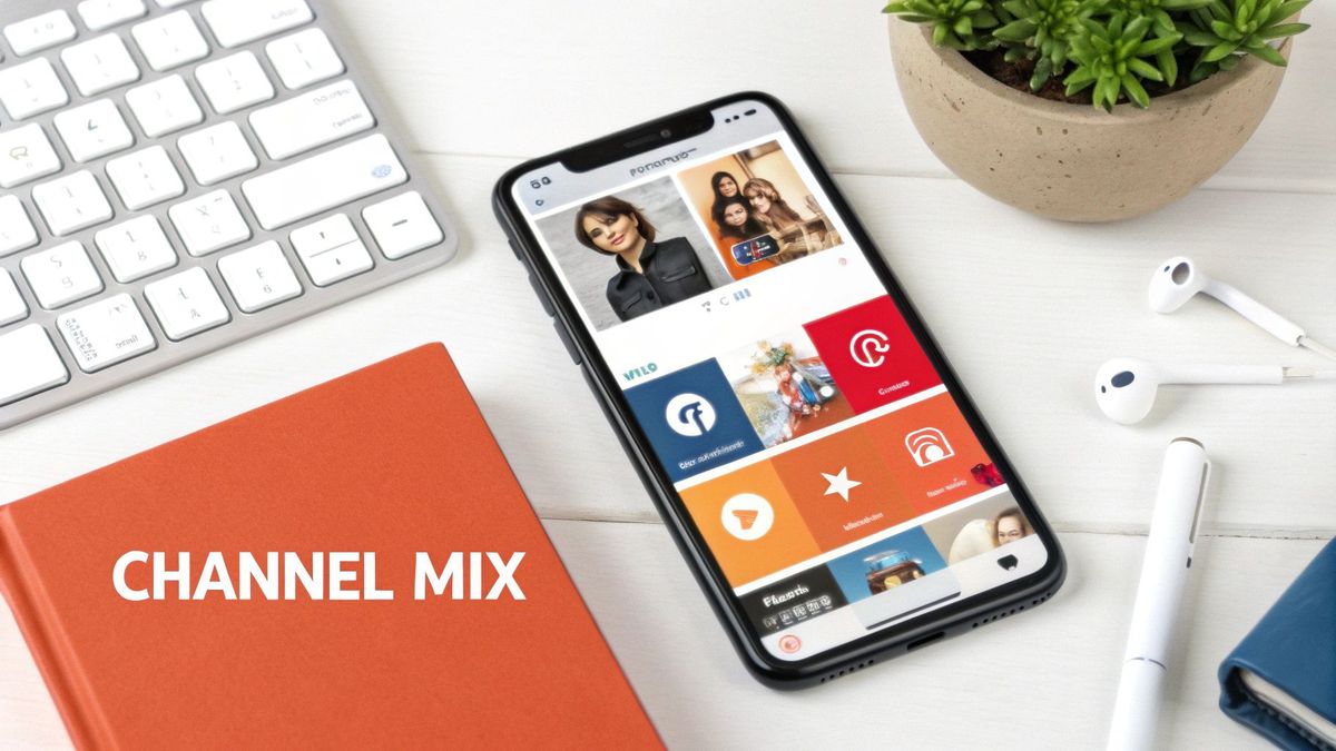 A flat lay of a modern workspace featuring a smartphone, keyboard, and an orange 'CHANNEL MIX' book.