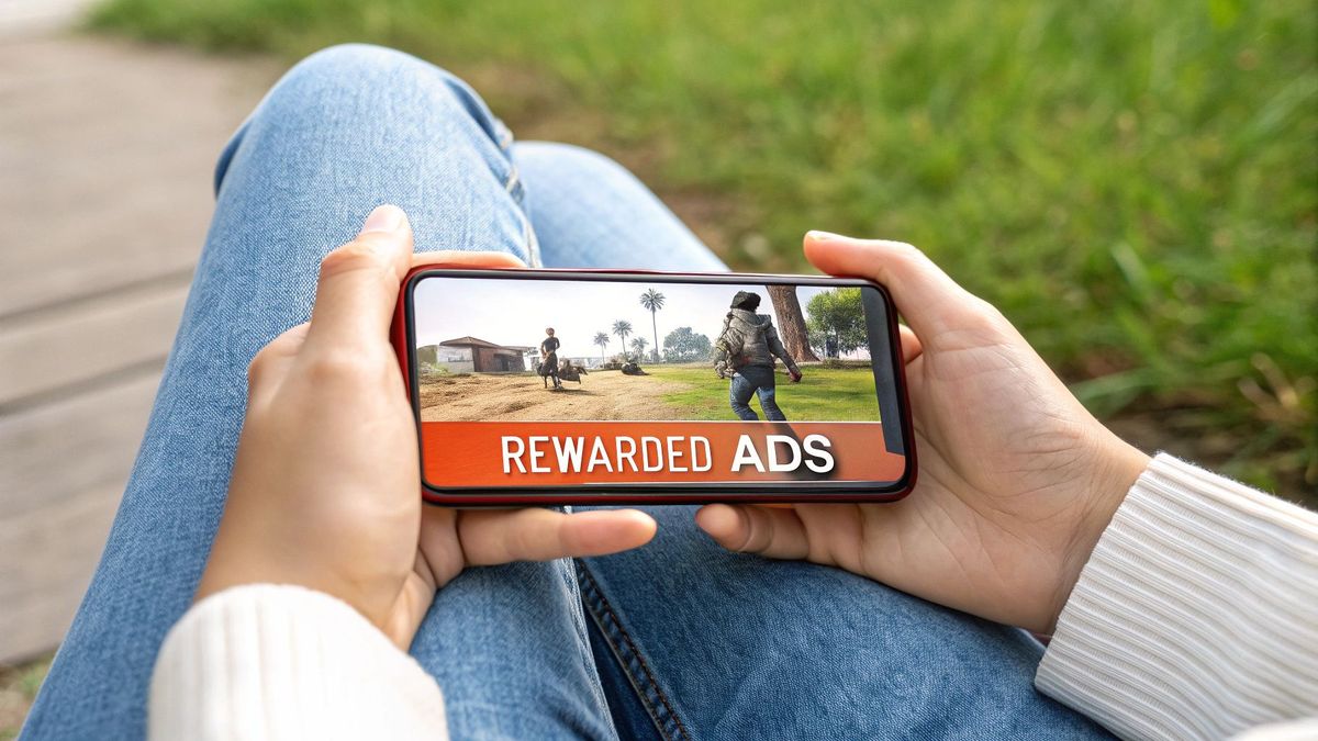 A person holds a smartphone horizontally displaying a mobile game with a 'REWARDED ADS' banner.